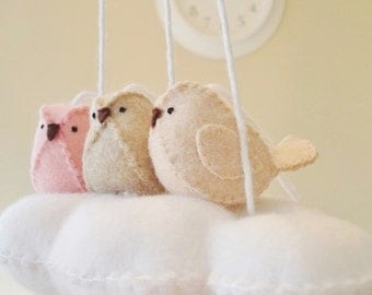 Baby mobile, nursery decoration in peach, pink and beige - cloud mobile - bird mobile