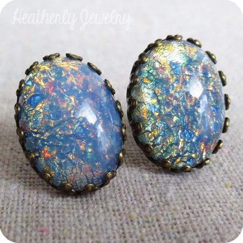 Blue Confetti Opal Glass Stone Crown Post by HeatherlyDesigns