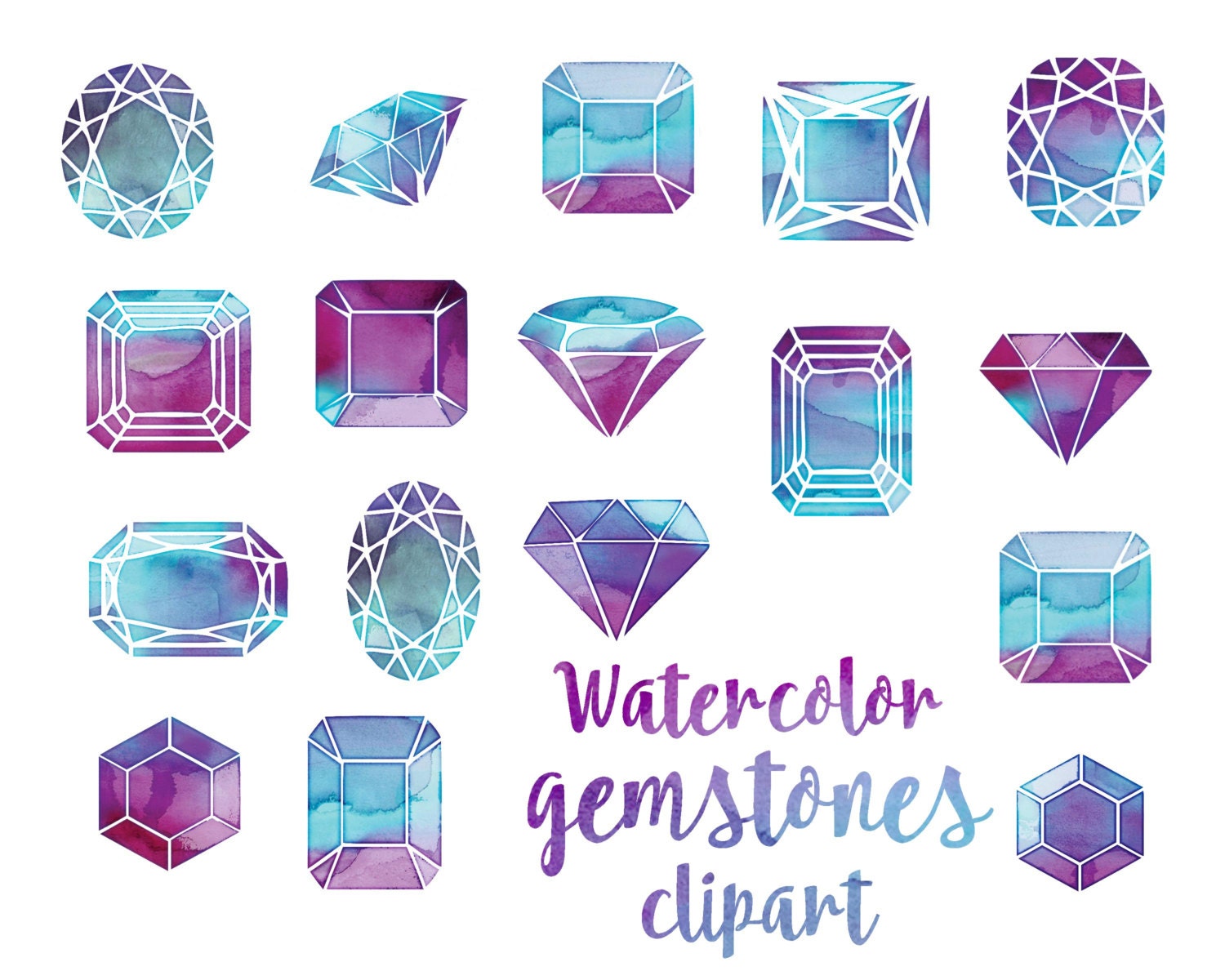 Watercolor gems cut crystals Hand painted gemstones clipart