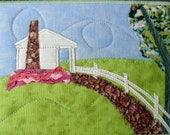 Fabric Postcard, House in the Country Fiber Art, Handmade Quilted Greeting Card, Postcard Art