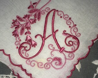 A Initial Monogrammed Hankie Vintage Madeira Linen Gorgeous Raspberry Pink
