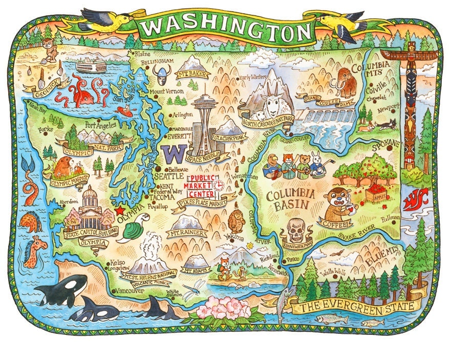 Washington State Map 8x10 Art Print by SepiaLepus on Etsy