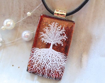 Tree of Life Dichroic Pendant, Fused Glass Jewelry, Enamel, Necklace Included, A2