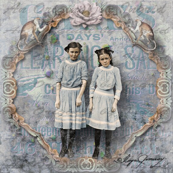 Girls in Blue Digital Collage Greeting Card (Suitable for Framing)