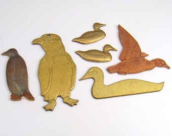 Brass bird stampings, vintage assorted, penguins ducks, 6 pcs