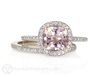 cushion morganite ring bridal ring set 14k diamond halo morganite engagement ring wedding ring - Morganite Wedding Ring cushion morganite ring bridal ring set 14k diamond halo morganite engagement ring wedding ring - Morganite Wedding Ring