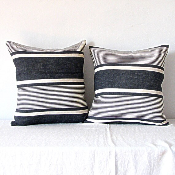 Pillow Vintage Ticking Pillow Navy Blue White Stripes Vintage