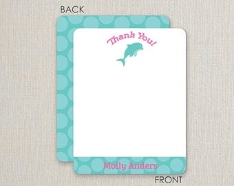 Under the Sea Thank you Notes - Pool Party - Dolphin -Flat Notecards Stationery with 2-sided printing - pink and purple