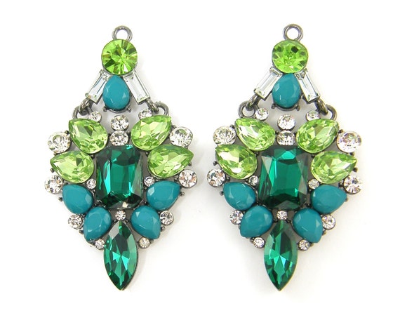 Large Emerald Green Teal Turquoise Rhinestone Earring Findings