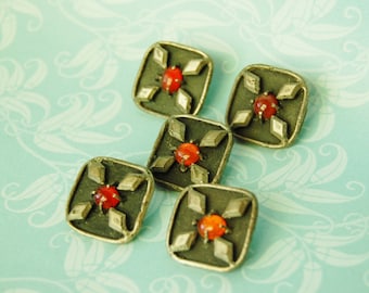 Unusual Buttons Medieval Vintage Artsy Metal Lot of Five 1960s Glass Cabochon