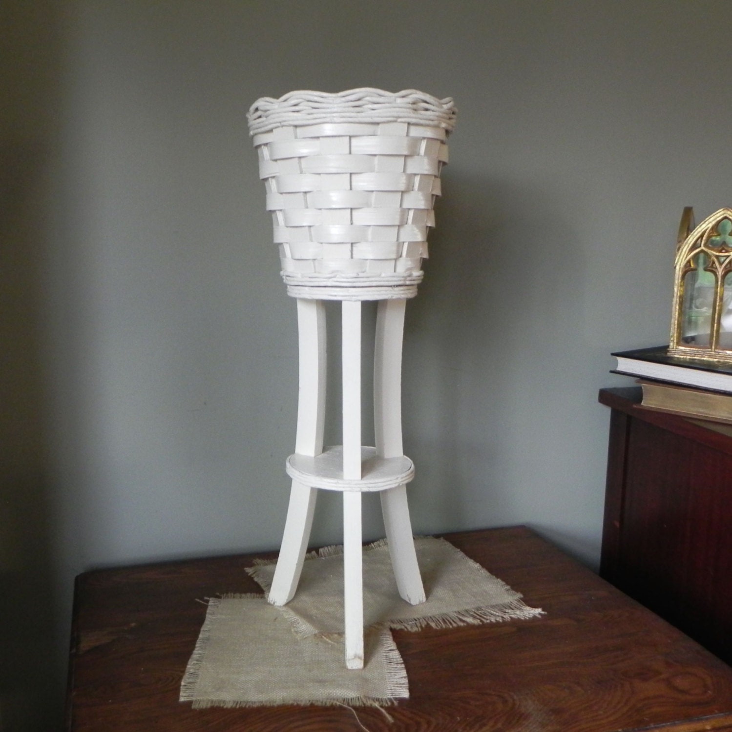 Mid Century White Plant Stand White Wicker Basket Tripod Patio   Il Fullxfull.760528049 Ksvu 