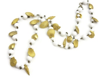 Shell Necklace - White Beaded, Gold Sea Shells, Summer Mermaid Jewelry