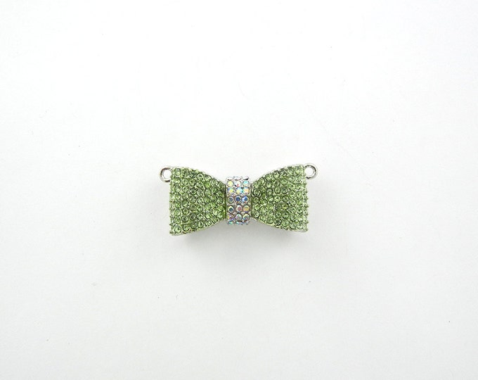 Dimensional Green Peridot Rhinestone Bow Pendant Double Link