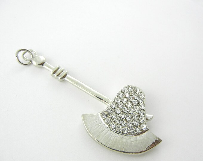 Silver-tone Medieval Axe or Hatchet Pendant with Doublesided Rhinestones