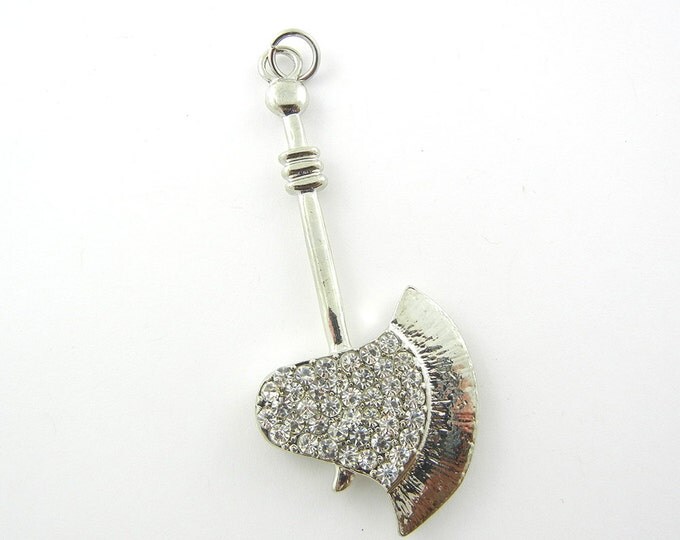 Silver-tone Medieval Axe or Hatchet Pendant with Doublesided Rhinestones