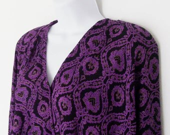 Vintage Purple & Black Print Boho Pants Set / 1980s Carole Little / Size 14 Crinkle Rayon Gauze Pants - Long Sleeve / Made in USA