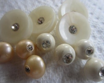 Vintage Buttons - beautiful lot of 11 small to medium size (3 matchng styles) rhinestones set in acrylic, white and off white (july 545)