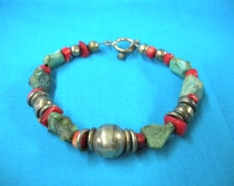 FREE SHIP 7.75" sterling, coral and natural turuqoise nugget bracelet - BearlyArtDesigns Store