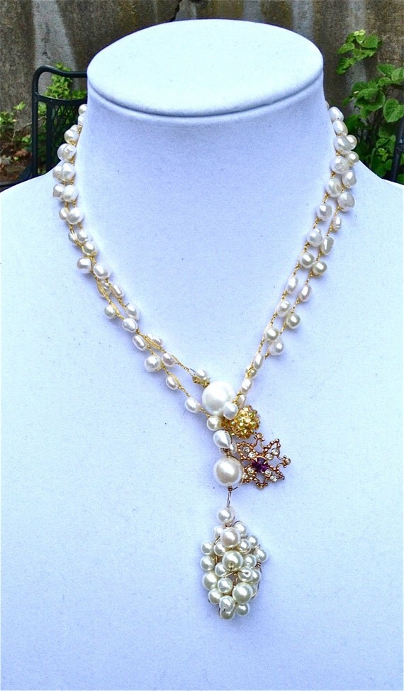 Crochet beaded pearls necklace Lariat II free shipping by fatash1