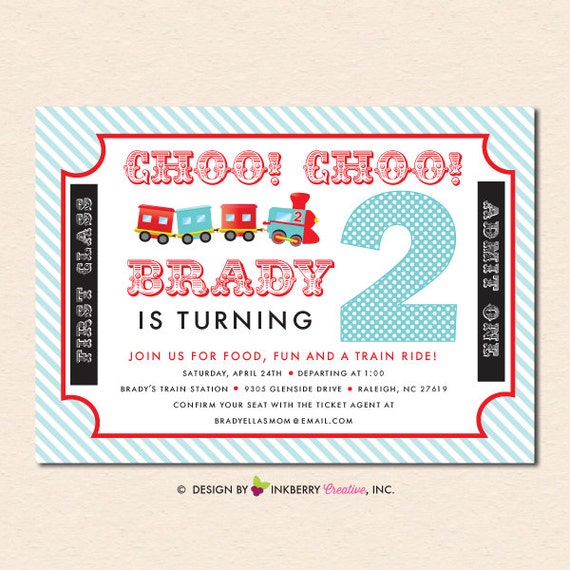 Choo Choo Train Ticket (Aqua and Red) Birthday Party Invitation (Digital File OR Cardstock Printed Cards Also Available) Il_570xn
