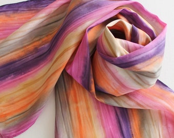 Hand Painted Silk Scarf - Handpainted Scarves Orange Gray Grey Purple Eggplant Pink Rose Fuchsia Tan Cream Stripes