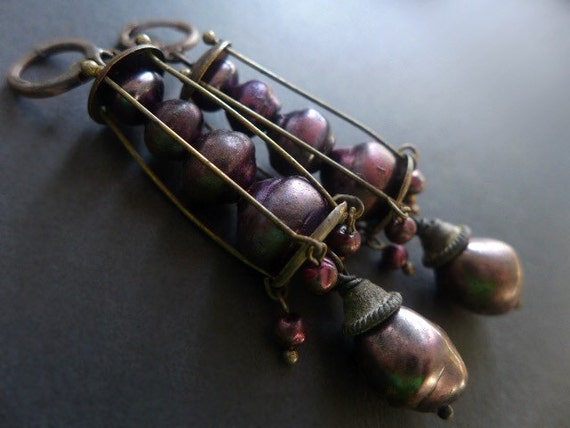 Curious Wine. Deep plum baroque glass pearls in caged earrings.