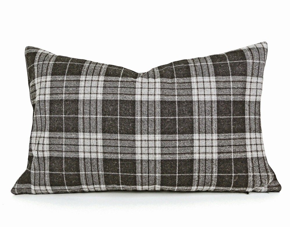 Grey Plaid Lumbar Pillow 12x20 Wool Accent Pillows Wool