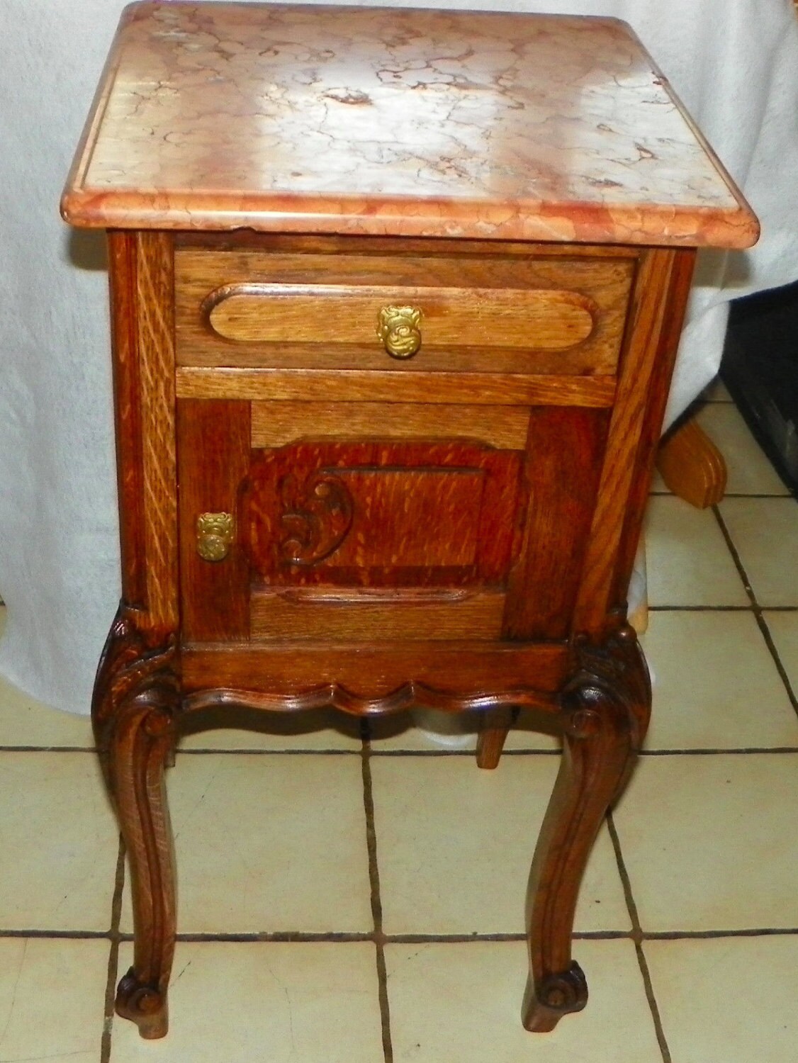 Quartersawn Oak French Carved Marble Top Nightstand (BMNS27) Haute Juice