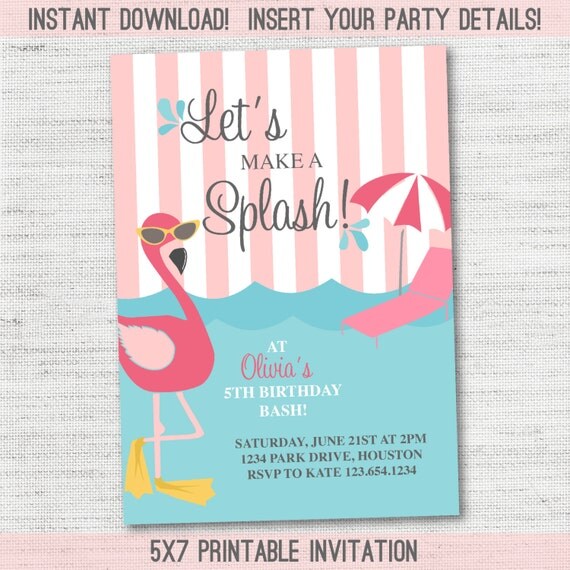 Flamingo Pool Party Invitation Instant Download Editable By Ollie Lulu Catch My Party Flamingo Invitation Template Free