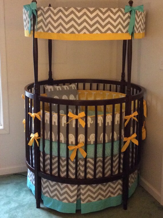 DEPOSIT Yellow and Gray Round Crib Bedding with Elephants and