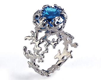 CORAL London Blue Topaz Engagement Ring, 14k Gold Gemstone Ring, Unique Gold Ring,  Blue Topaz Ring, Unique Engagement Ring