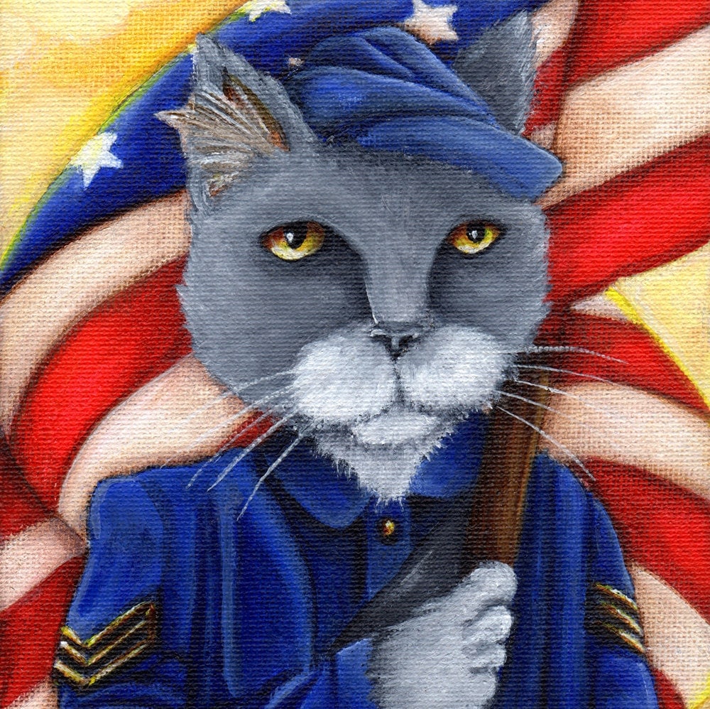 Civil War Cat  Union Soldier American Flag 5x7 Art by 