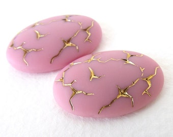 Vintage Cabochons Rose Pink Glass With Gold Lines Carved Effect Oval 25x18mm gcb1109 (2)