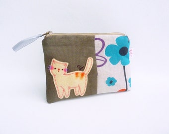 Cat Zipper Pouch, Cat Coin Purse, Cat Wallet, Cute Purse, Fabric Pouch, Credit Card Pouch, Coin Wallet, Linen Pouch - Girlfriend Gift