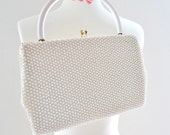 Vintage 60s Beaded Clutch Handbag.Off White Bag Purse Small Tote for a Summer Event Party Wedding or Stroll. Corde-Bead