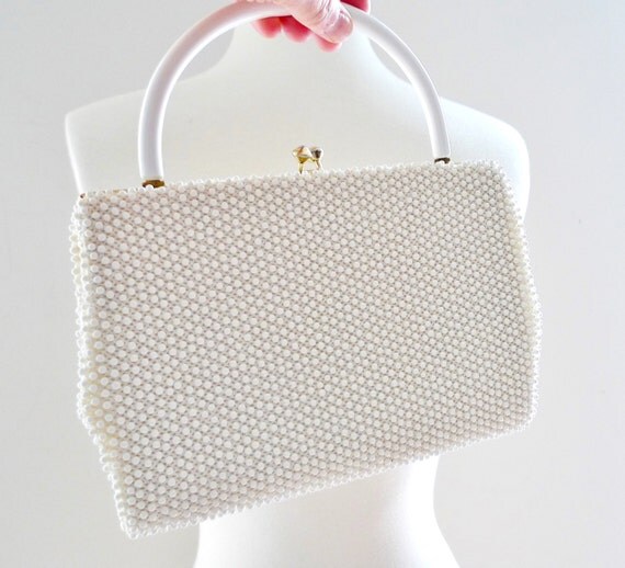 Vintage 60s Beaded Clutch Handbag.Off White Bag Purse Small