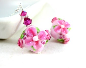 Pink Floral Dangle Earrings, Cottage Chic Earrings, Botanical Earrings, Nature Jewelry, Lampwork Earrings, Flower Earrings Romantic Earrings