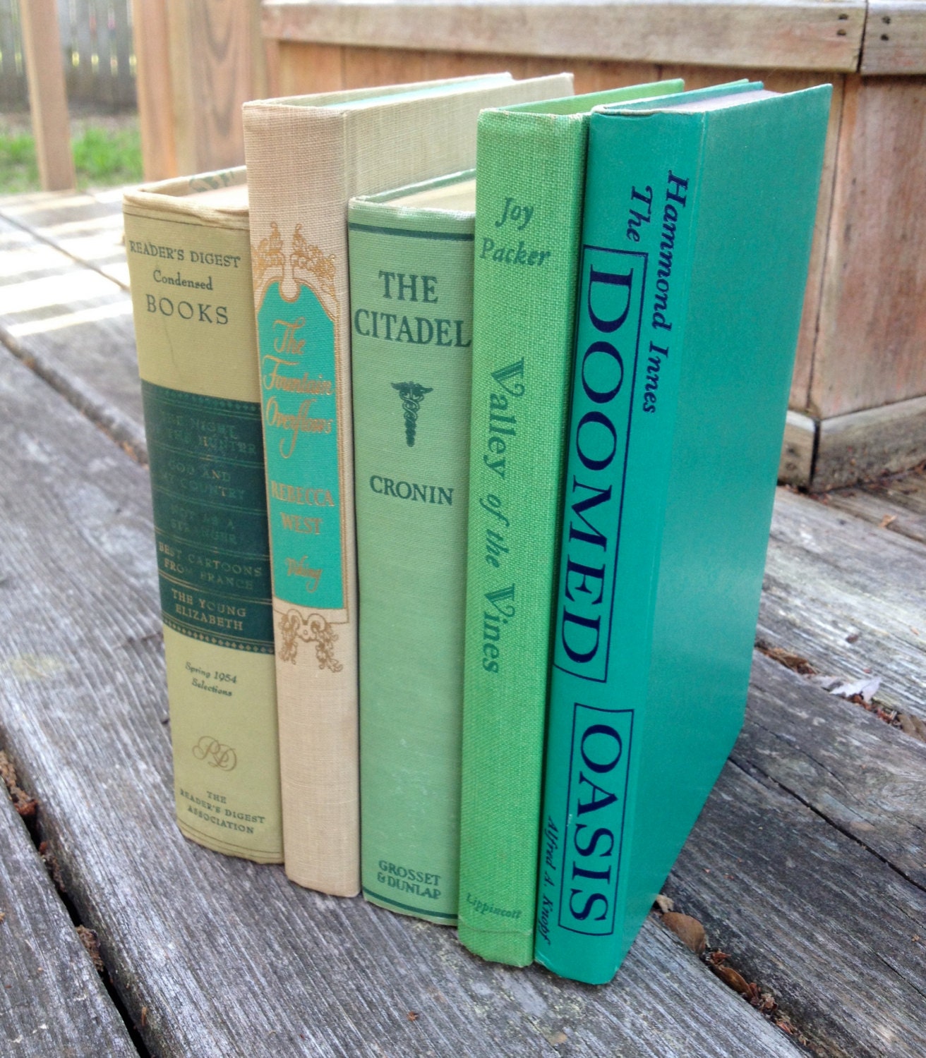 VINTAGE decorative book stack in bright greens and teal