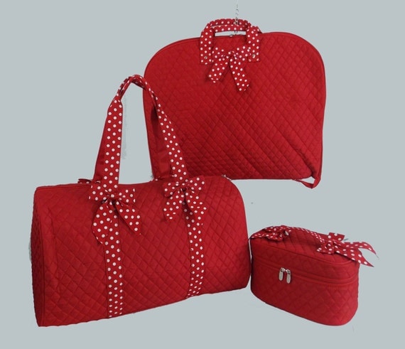 Personalized Luggage-Garment Bag Duffle Bag And Cosmetic Train Case In Red with Red and White Polka Dot Trim