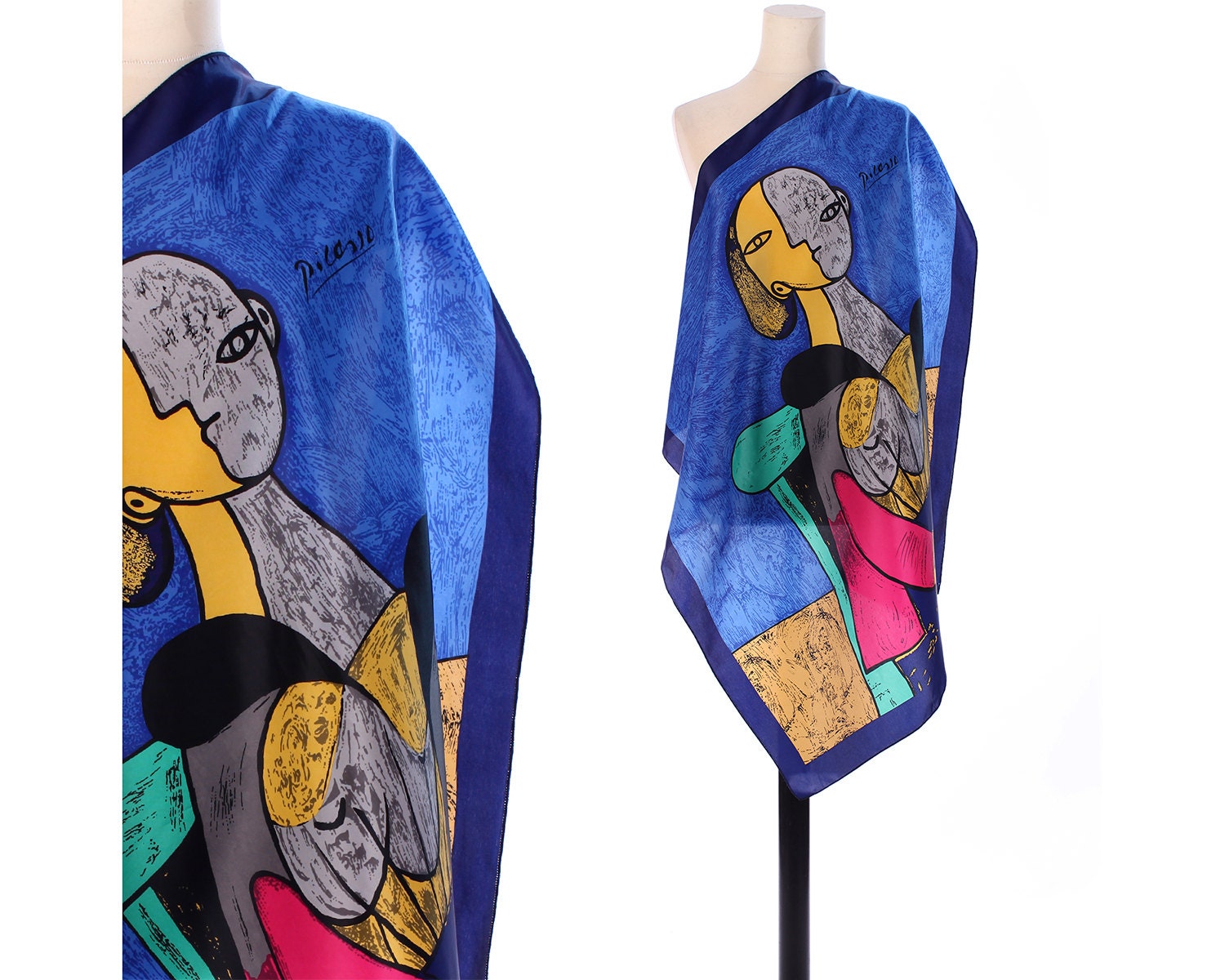 PICASSO Scarf 90s Novelty Print Large 35 inch Shawl Navy Blue Yellow ...