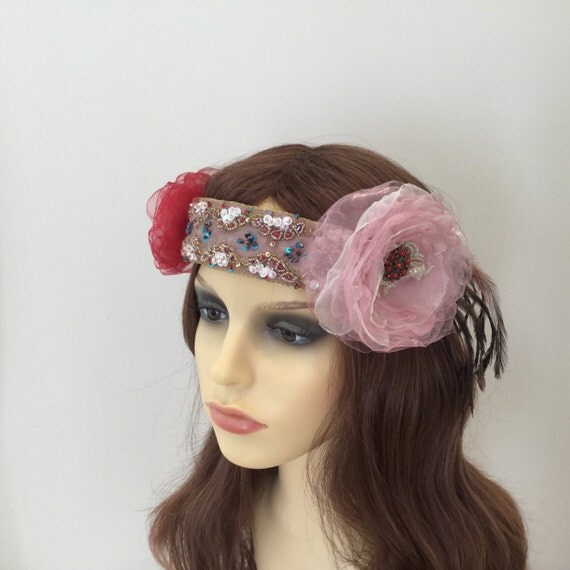 Flapper headpiece - Pink rose crown - feather headband - 1920s headpiece