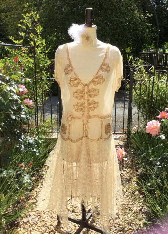 Flapper dress, 1920's dress, cream, gold, wedding , downton abbey, UK 10 -12