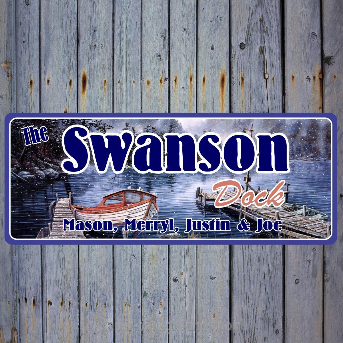 Snowy Personalized Boat Dock Sign with Red &amp; White Boat Dock