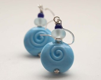 Light Blue Earrings, Lampwork Glass Earrings, Sprial Earrings, Beaded Earrings