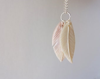 Polymer Clay Feather Necklace , Pale Pink and Mother of Pearl Feathers, Necklace, Pendant Charm