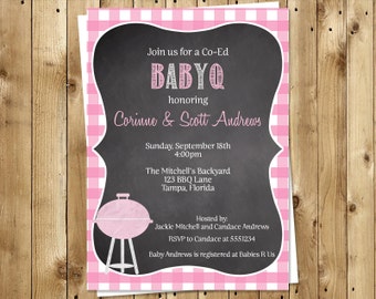 Chalkboard Baby Q Invitations, Barbeque Baby Shower, Sprinkle Invites, Girls, Gingham, 10 Printed, Free Shipping, CBBQG