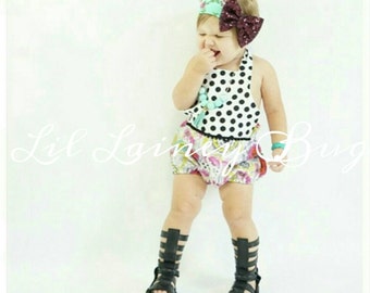 Halter Sunsuit Romper - Polka Dot and Floral- Baby Toddler Girl - Shorties - Perfect for Spring Summer - Pom Pom Accents