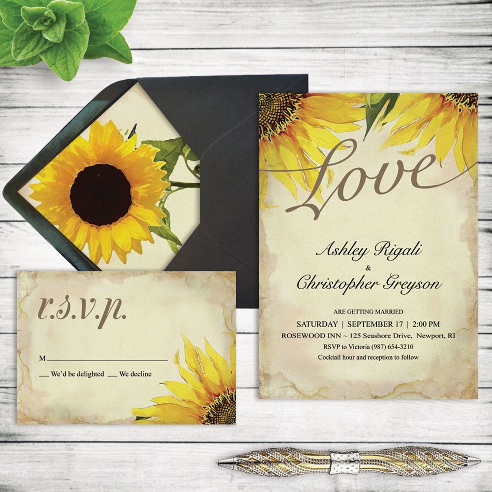 Rustic Sunflower Wedding Invitation Set. Printable Marriage