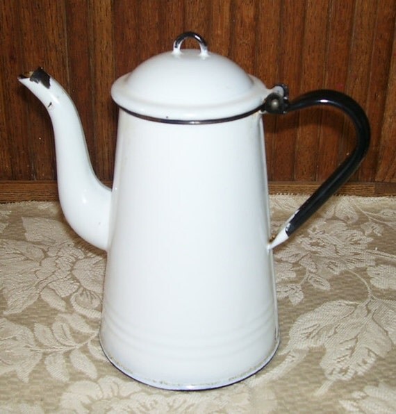 White Enamel Stove Top Coffee Pot Black Trim 5 Cups Kitchen