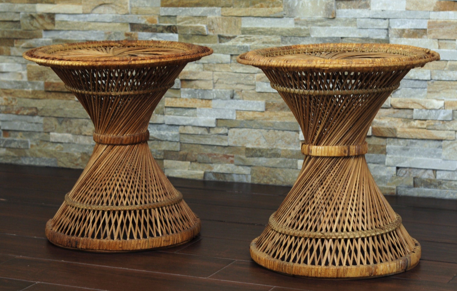 Pair WICKER RATTAN Woven Round End TablesSet of 2 Wicker Tan Rustic